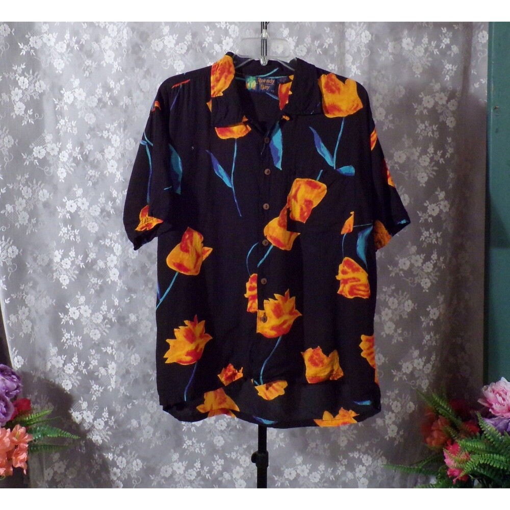 Vintage 80s Hawaiian Shirt Size Large 1980s Retro Black Tropical Island Summer